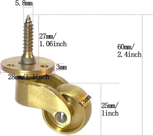 Solid Brass Caster Wheel, 25mm Antique 360° Swivel Caster, Furniture Moving Caster Rubber Wheels, Vintage Castors for Sofas, Table, Thread Style Fitting, with Screws, Load 330 lbs of 4 Packs in Saudi Arabia