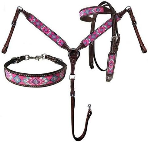 Showman Argentina Cow Leather Headstall & Breast Collar Set w/Pink Navajo Beaded Inlays in Saudi Arabia