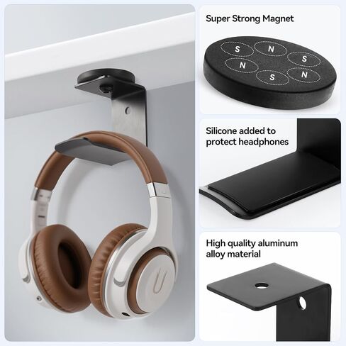 حامل سماعة الرأس المغناطيسي ، خطافات سماعات الرأس ، شماعات سماعة رأس من الألومنيوم للمكتب والطاولة ، حامل تركيب سماعة الرأس مع وسادة مطاطية ، متوافقة مع جميع سماعات الألعاب (أسود) in Kuwait