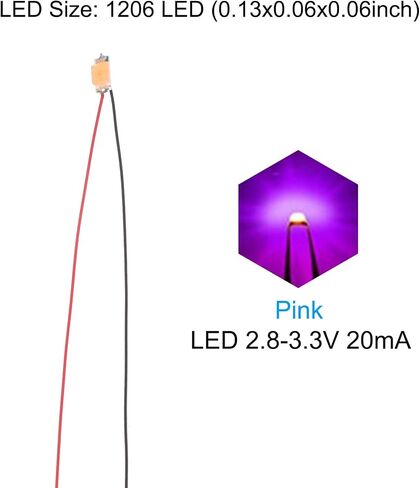 1206 LED Micro LED مسبقًا ، 25 PCS 2.8-3.3V مصغرة مسبقًا من الجهاز المصنوع من الضوء الثنائيات المنبعث من البناء لبناء النماذج ، DIY ، مشاريع علمية ، 9.8 "الطول ، الوردي in Saudi Arabia