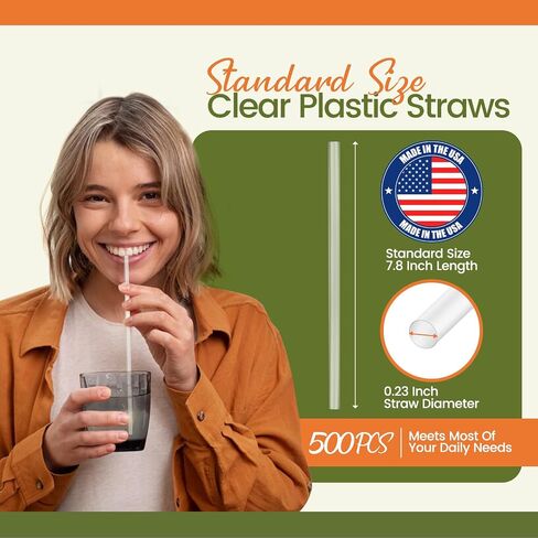 Plastic Straws [500 Pcs-7.8" Long] Individually Wrapped Clear Disposable Drinking Straws - Made in USA - Straight Long Straws for Party, 0.23'' Diameter in Kuwait