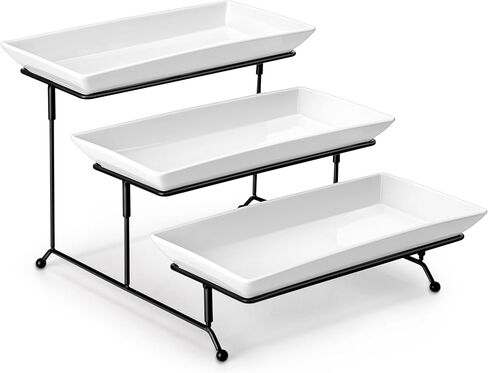 Malacasa 3 Tier Franting Rays for Party و Porcelain Pratchans Platters and Raneshs و 12 بوصة حامل صينية ، صينية فواكه ، صواني لتقديم الطعام ، وقصة الحلوى البيضاء مع رف معدني أكثر ثباتًا قابلاً للطي قابلة للطي. in Kuwait