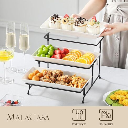 Malacasa 3 Tier Franting Rays for Party و Porcelain Pratchans Platters and Raneshs و 12 بوصة حامل صينية ، صينية فواكه ، صواني لتقديم الطعام ، وقصة الحلوى البيضاء مع رف معدني أكثر ثباتًا قابلاً للطي قابلة للطي. in Kuwait