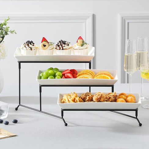 Malacasa 3 Tier Franting Rays for Party و Porcelain Pratchans Platters and Raneshs و 12 بوصة حامل صينية ، صينية فواكه ، صواني لتقديم الطعام ، وقصة الحلوى البيضاء مع رف معدني أكثر ثباتًا قابلاً للطي قابلة للطي. in Kuwait