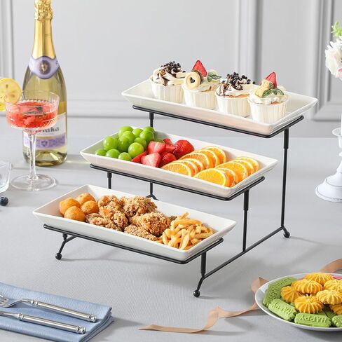 Malacasa 3 Tier Franting Rays for Party و Porcelain Pratchans Platters and Raneshs و 12 بوصة حامل صينية ، صينية فواكه ، صواني لتقديم الطعام ، وقصة الحلوى البيضاء مع رف معدني أكثر ثباتًا قابلاً للطي قابلة للطي. in Kuwait