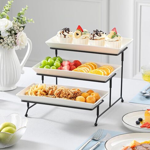Malacasa 3 Tier Franting Rays for Party و Porcelain Pratchans Platters and Raneshs و 12 بوصة حامل صينية ، صينية فواكه ، صواني لتقديم الطعام ، وقصة الحلوى البيضاء مع رف معدني أكثر ثباتًا قابلاً للطي قابلة للطي. in Kuwait