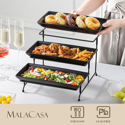 Malacasa 3 Tier Franting Rays for Party و Porcelain Pratchans Platters and Raneshs و 12 بوصة حامل صينية ، صينية فواكه ، صواني لتقديم الطعام ، وقصة الحلوى البيضاء مع رف معدني أكثر ثباتًا قابلاً للطي قابلة للطي. in Kuwait