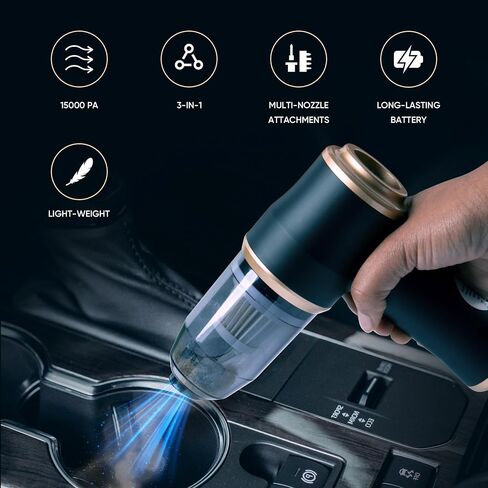 ThomasWorth Handheld Vacuum Cleaner for Car with Strong 15000Pa Suction, 3-in-1 Mini Car Vacuum Cordless Rechargeable with 120W Motor Air Duster and Pump for Deep Cleaning Anywhere in Saudi Arabia