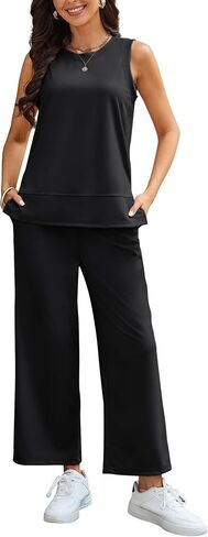 2 Piece Sets for Women Summer Lounge Matching Sets Sleeveless Top Wide Leg Pants Vacation Travel Outfits Tracksuits in Kuwait