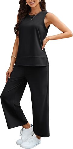 2 Piece Sets for Women Summer Lounge Matching Sets Sleeveless Top Wide Leg Pants Vacation Travel Outfits Tracksuits in Kuwait