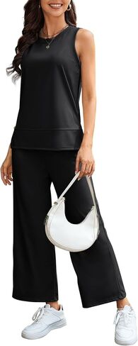 2 Piece Sets for Women Summer Lounge Matching Sets Sleeveless Top Wide Leg Pants Vacation Travel Outfits Tracksuits in Kuwait