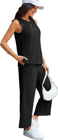 2 Piece Sets for Women Summer Lounge Matching Sets Sleeveless Top Wide Leg Pants Vacation Travel Outfits Tracksuits in Kuwait