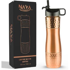 زجاجة مياه النحاس النقي لمياه الشرب مع القش والغطاء الرياضي 33.5 أوقية / 950 مل زجاجة النحاس الأيورفيدا للحصول على فوائد صحية الايورفيدا ، وعاء التصميم المقسى مقاومة للتسرب ، وشرب الماء يوميا in Kuwait