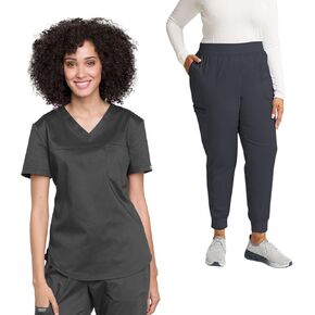 Cherokee Women's Scrub Set Tuckable V-Neck Top WW657 Mid Rise Jogger Pants WW115 in Saudi Arabia