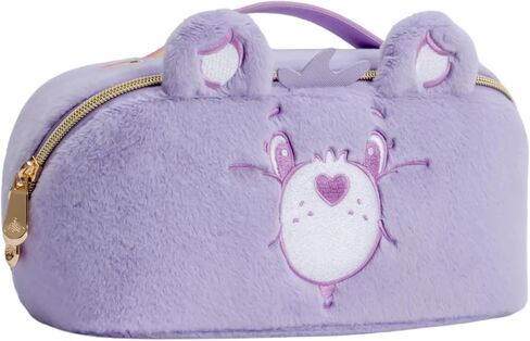 Impressions Vanity Care Bears Cheer Bear Unfold Travel Makeup Bag Organizer, Opens Flat Zippered Cosmetic Bag with Cozy Teddy Fur, Artwork Lined Interior, 3 Inner Pockets, and Top Handle in Rainbow in Kuwait