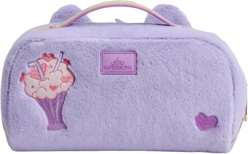 Impressions Vanity Care Bears Cheer Bear Unfold Travel Makeup Bag Organizer, Opens Flat Zippered Cosmetic Bag with Cozy Teddy Fur, Artwork Lined Interior, 3 Inner Pockets, and Top Handle in Rainbow in Kuwait
