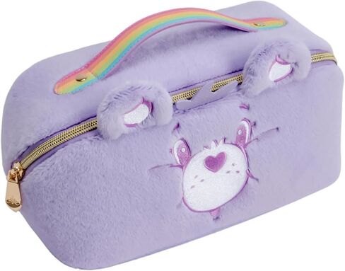 Impressions Vanity Care Bears Cheer Bear Unfold Travel Makeup Bag Organizer, Opens Flat Zippered Cosmetic Bag with Cozy Teddy Fur, Artwork Lined Interior, 3 Inner Pockets, and Top Handle in Rainbow in Kuwait