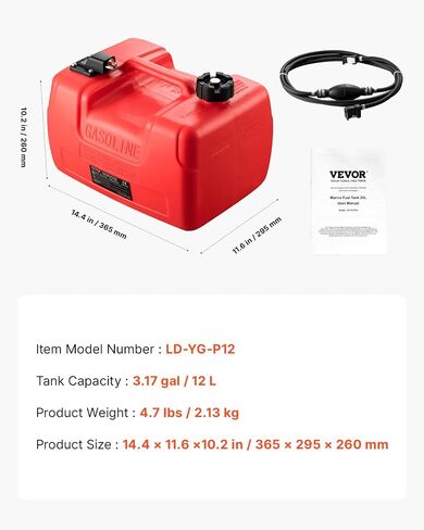 VEVOR Boat Marine Fuel Tank, 12 Gallon/55L, Portable Fuel Gas Tank for Outboard Engine Boats, Plastic Outboard Marine Boat Fuel Tank with Hose, Easy to Carry for Yacht, Fishing & Deck Boat, Red in Saudi Arabia