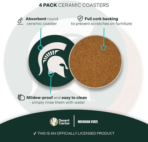 Desert Cactus Michigan State University Ceramic Coasters 4 Pack Spartans MSU Absorbent Drink Coasters with Cork Backing (Design A) in Saudi Arabia