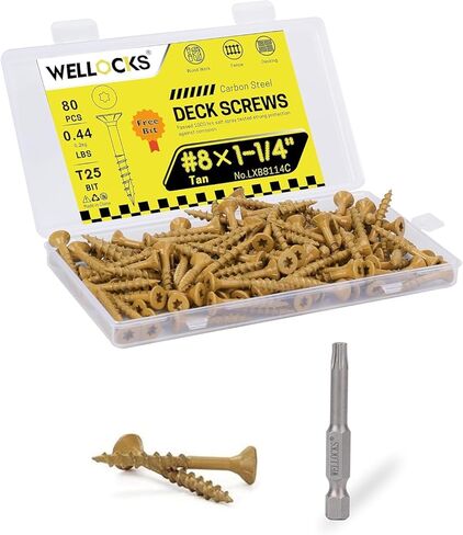 WELLOCKS Deck Screws #8×1-1/4" (200g), Tan 80 PCS, Rust-Resistant, Salt Spray Resistant, Epoxy Coated, T25 Torx Bit Included for Wood Fence, Decking & Outdoor Us in Saudi Arabia