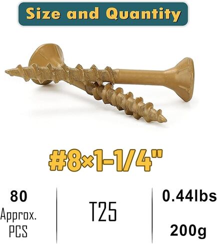 WELLOCKS Deck Screws #8×1-1/4" (200g), Tan 80 PCS, Rust-Resistant, Salt Spray Resistant, Epoxy Coated, T25 Torx Bit Included for Wood Fence, Decking & Outdoor Us in Saudi Arabia