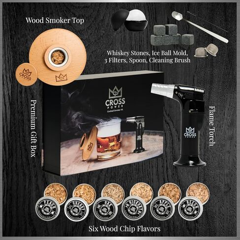 Whiskey Smoker Kit - Premium Cocktail Smoker Kit with Torch, 6 Flavors of Wood Chips, Whiskey Stones, Filters, Durable Old Fashion Smoker Kit, Ideal for Whiskey Lovers (No Butane) in Saudi Arabia