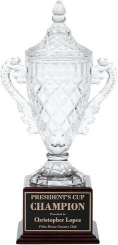 Rosewood Crystal Trophy Cup - جائزة كريستال محفورة أنيقة على قاعدة خشبية صلبة مع صفيحة نحاسية - هدية التعرف الفاخرة للبطولات الرياضية للرياضة والتقاعد in Kuwait