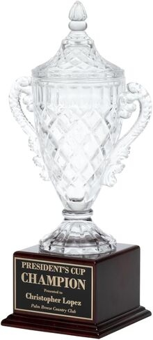 Rosewood Crystal Trophy Cup - جائزة كريستال محفورة أنيقة على قاعدة خشبية صلبة مع صفيحة نحاسية - هدية التعرف الفاخرة للبطولات الرياضية للرياضة والتقاعد in Kuwait