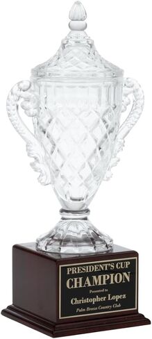 Rosewood Crystal Trophy Cup - جائزة كريستال محفورة أنيقة على قاعدة خشبية صلبة مع صفيحة نحاسية - هدية التعرف الفاخرة للبطولات الرياضية للرياضة والتقاعد in Kuwait