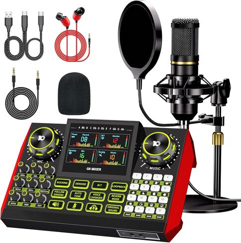 Podcast Microphone Bundle with Live Sound Card Audio Mixer, 3.5mm Condenser Microphone for PC/Phone Streaming and Singing, Podcast Equipment Bundle with Voice Changer Soundboard in Kuwait