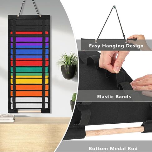 Karate Belt Display Rack, Taekwondo Belt Display Holder with Bamboo Medal Rack, Jiu Jitsu Belt Hanging Holder, Felt Martial Arts Belts Organizer for Taekwondo, Karate, BJJ Learners in Kuwait