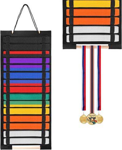 Karate Belt Display Rack, Taekwondo Belt Display Holder with Bamboo Medal Rack, Jiu Jitsu Belt Hanging Holder, Felt Martial Arts Belts Organizer for Taekwondo, Karate, BJJ Learners in Kuwait