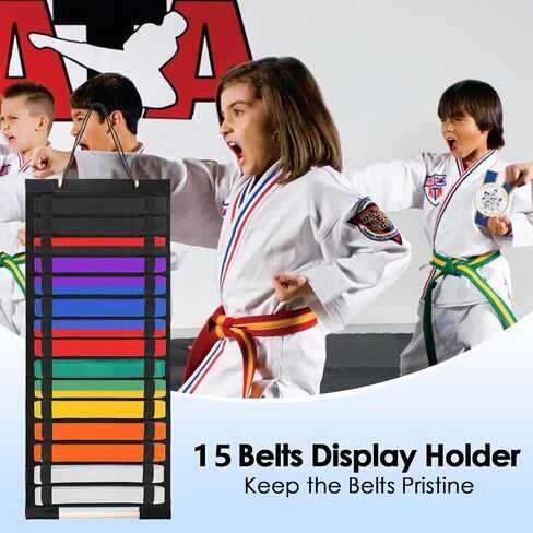 Karate Belt Display Rack, Taekwondo Belt Display Holder with Bamboo Medal Rack, Jiu Jitsu Belt Hanging Holder, Felt Martial Arts Belts Organizer for Taekwondo, Karate, BJJ Learners in Kuwait