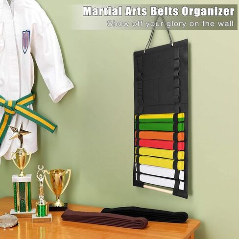 Karate Belt Display Rack, Taekwondo Belt Display Holder with Bamboo Medal Rack, Jiu Jitsu Belt Hanging Holder, Felt Martial Arts Belts Organizer for Taekwondo, Karate, BJJ Learners in Kuwait