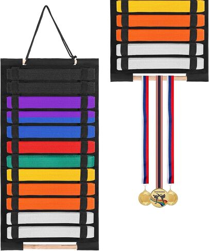 Karate Belt Display Rack, Taekwondo Belt Display Holder with Bamboo Medal Rack, Jiu Jitsu Belt Hanging Holder, Felt Martial Arts Belts Organizer for Taekwondo, Karate, BJJ Learners in Kuwait