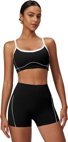 ABOCIW Workout Sets for Women 2 Piece Contrast Trim Sports Bra High Wasit Biker Shorts Gym Set in Saudi Arabia