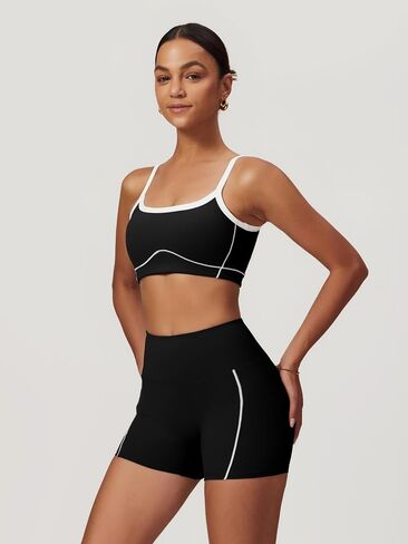 ABOCIW Workout Sets for Women 2 Piece Contrast Trim Sports Bra High Wasit Biker Shorts Gym Set in Saudi Arabia