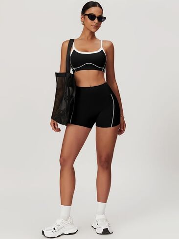 ABOCIW Workout Sets for Women 2 Piece Contrast Trim Sports Bra High Wasit Biker Shorts Gym Set in Saudi Arabia