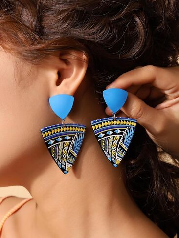 MINACHI Boho Chic Geometric Drop Earrings, Vibrant Multicolor Pattern with Navy Accent Beads & Glossy Studs, Jewelry Gift for Women in Saudi Arabia
