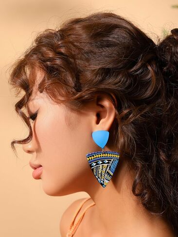 MINACHI Boho Chic Geometric Drop Earrings, Vibrant Multicolor Pattern with Navy Accent Beads & Glossy Studs, Jewelry Gift for Women in Saudi Arabia