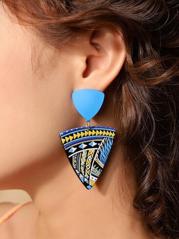 MINACHI Boho Chic Geometric Drop Earrings, Vibrant Multicolor Pattern with Navy Accent Beads & Glossy Studs, Jewelry Gift for Women in Saudi Arabia