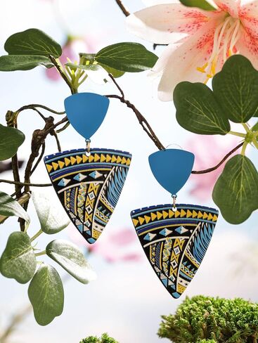 MINACHI Boho Chic Geometric Drop Earrings, Vibrant Multicolor Pattern with Navy Accent Beads & Glossy Studs, Jewelry Gift for Women in Saudi Arabia