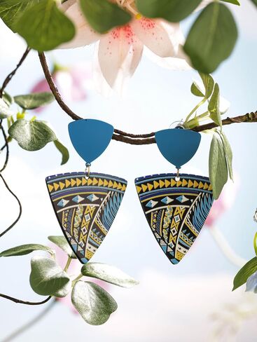 MINACHI Boho Chic Geometric Drop Earrings, Vibrant Multicolor Pattern with Navy Accent Beads & Glossy Studs, Jewelry Gift for Women in Saudi Arabia