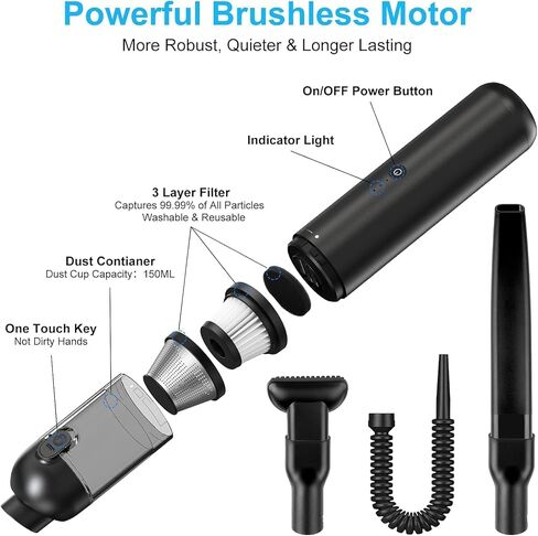 Handheld Vacuum Cordless, 16000pa Car Vacuum Cleaner High Power, 2 Speed Modes Mini Vacuum Cleaner with 2 Filters, Car Vacuum Portable Cordless with Air Blower for Home Office Pet Hair in Saudi Arabia