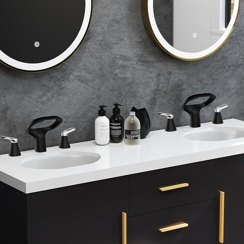 Matte Black Bathroom Faucet 3 Hole, Modern Faucet for Bathroom Sink with Adjustable Spout, Solid Brass 8 Inch Widespread Waterfall Bathroom Faucets with Supply Hoses and 2 Handles for Vanity Sink in Saudi Arabia
