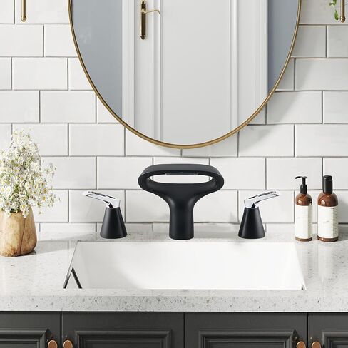 Matte Black Bathroom Faucet 3 Hole, Modern Faucet for Bathroom Sink with Adjustable Spout, Solid Brass 8 Inch Widespread Waterfall Bathroom Faucets with Supply Hoses and 2 Handles for Vanity Sink in Saudi Arabia