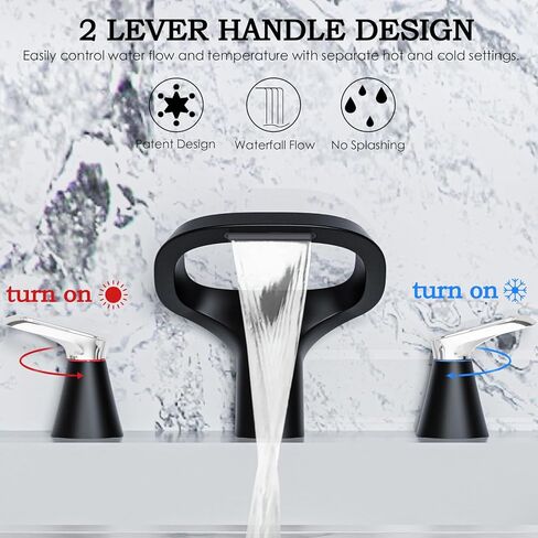 Matte Black Bathroom Faucet 3 Hole, Modern Faucet for Bathroom Sink with Adjustable Spout, Solid Brass 8 Inch Widespread Waterfall Bathroom Faucets with Supply Hoses and 2 Handles for Vanity Sink in Saudi Arabia