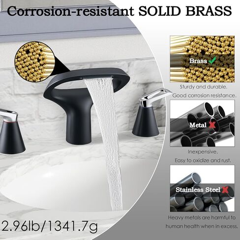 Matte Black Bathroom Faucet 3 Hole, Modern Faucet for Bathroom Sink with Adjustable Spout, Solid Brass 8 Inch Widespread Waterfall Bathroom Faucets with Supply Hoses and 2 Handles for Vanity Sink in Saudi Arabia