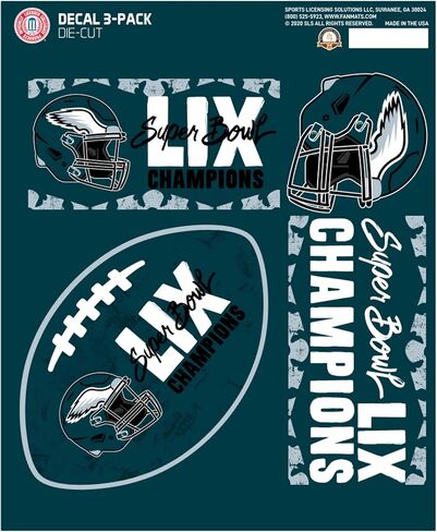 Fanmats Philadelphia Eagles Super Bowl LIX Champions 3-Piece UV Resistant Vinyl Decal Set - 3 Decal Sizes Vary - For Coolers, Notebooks, Laptops, and More - Show Your Birds Pride - Officially Licensed in Saudi Arabia