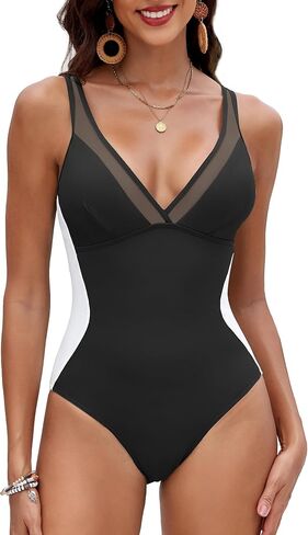 Zaful Women Tummy Control Swimsuits One Piece Mesh Push Up Bathing Sup Coverage Covering Switched Sweatwear in Saudi Arabia
